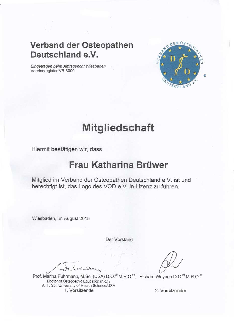 Mitgliedschaft im Verband der Osteopathen Deutschland e. V.